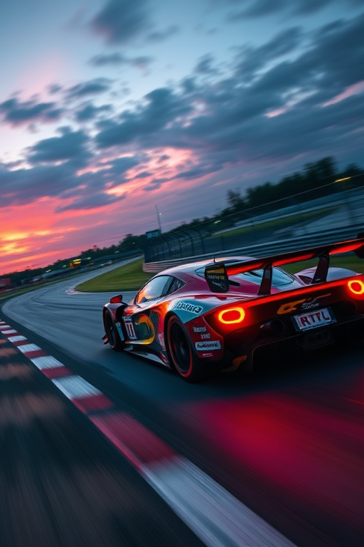 high-speed racing car on a track captured at dusk, exposure time 1/1000s, aperture f/2.8, ISO 200, wide-angle lens, captured with a DSLR camera, vibrant colors with a focus on motion blur for dynamic effect