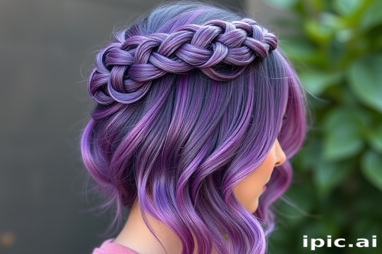 Regal purple ombre hair styled in the "Royal Radiance" fashion flows from deep amethyst roots to lavender tips, arranged in an intricate braided crown fit for royalty