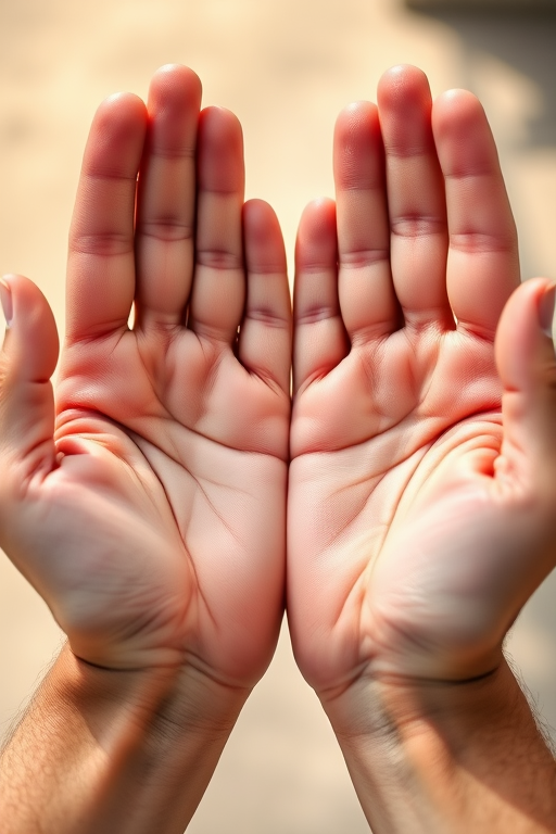 Capture a close-up image of two open hands with palms up, focus on texture and details, use a 50mm lens, aperture f/2.8, ISO 100, natural lighting, shallow depth of field, DSLR camera.
