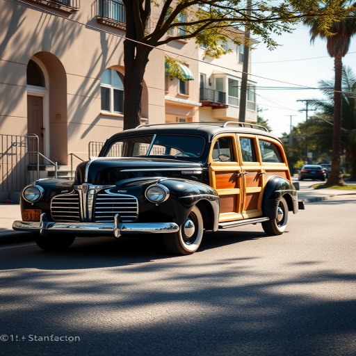 vintage 1940s woodie station wagon parked on a sunny street, 50mm lens, f/8 aperture, 1/200 sec shutter speed, ISO 100, taken with a DSLR camera in a realistic style