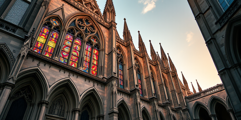 Create a highly detailed digital artwork of a Gothic cathedral with intricate architectural features, vibrant stained glass windows, and pointed arches, captured in high resolution using a DSLR camera, ISO 100, f/8 aperture, 24mm lens, shot at golden hour for warm lighting and deep shadows.