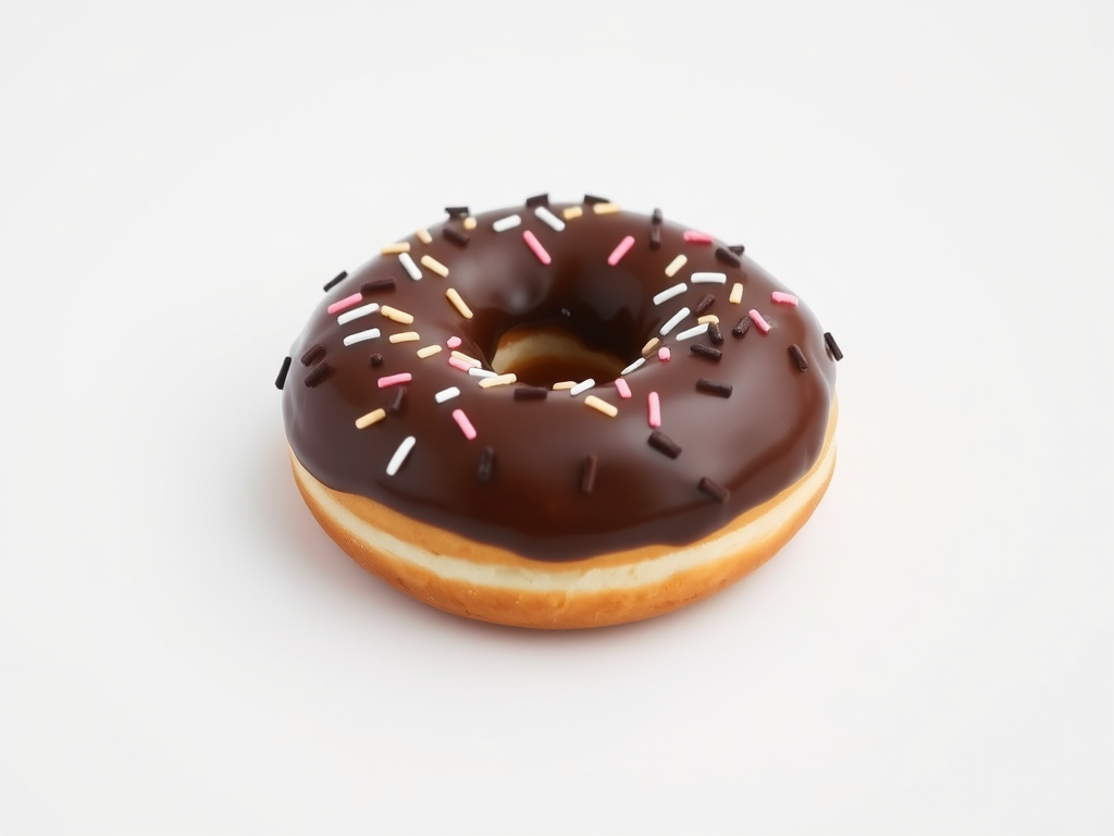 a single chocolate frosted donut with sprinkles on a white background, shot in a studio setting, using a Canon EOS R5 camera with 50mm f/1.8 lens, aperture set to f/2.8, ISO 100, and a shutter speed of 1/100 sec, soft diffused lighting for a clean and crisp look