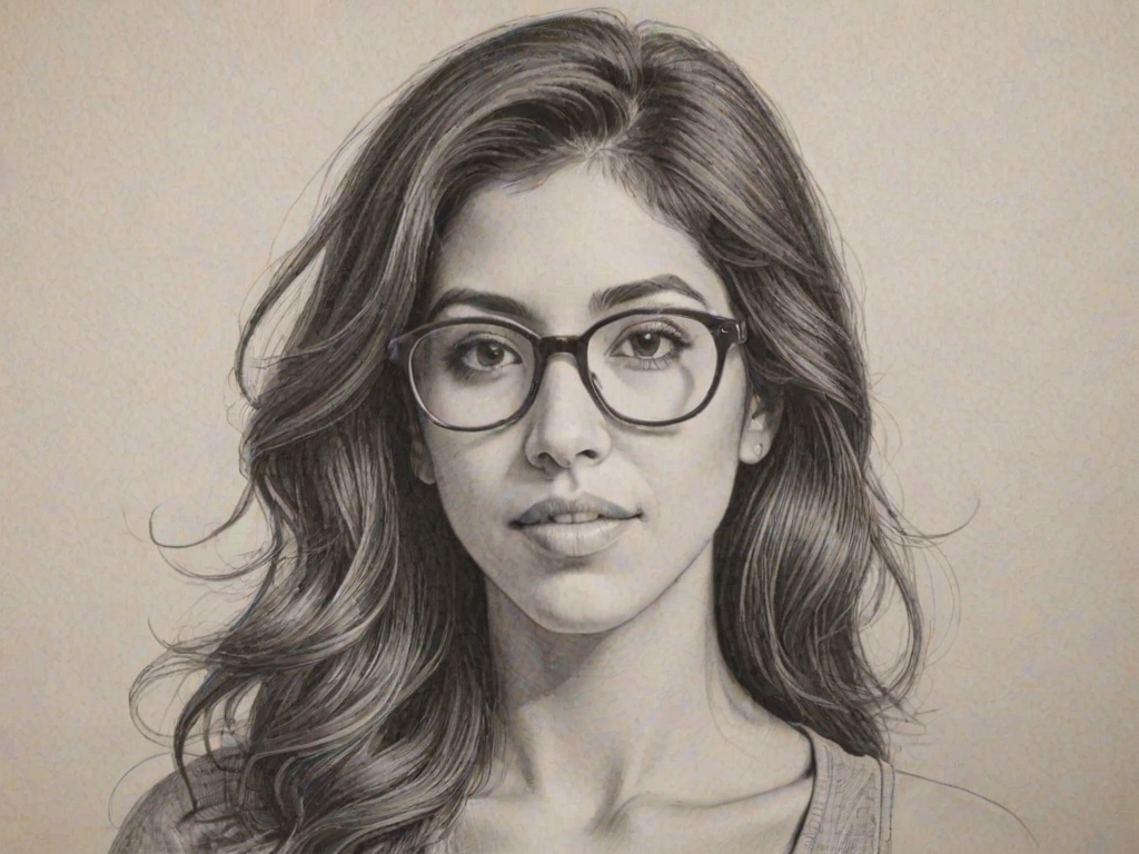 Enticing Stephanie Beatriz, pencil sketch, portrait of Enchanting woman 1968s in glasses, hair style beatnik, outline, clear lines, fine lines, 8k