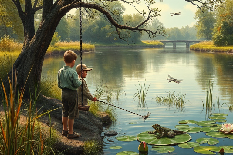 Imagine a small group of old fashioned young boys out fishing by the creek, a swing hanging from a tree branch, reeds and grasses by the water's edge, a frog sitting on a lily pad, dragonflies hovering over som water plans, a very iconic old fashioned scene reminiscent of a Norman Rockwell painting style