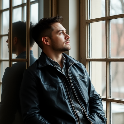 A thoughtful man in a leather jacket leaning against a large window, looking out contemplatively, with soft natural light illuminating the scene.