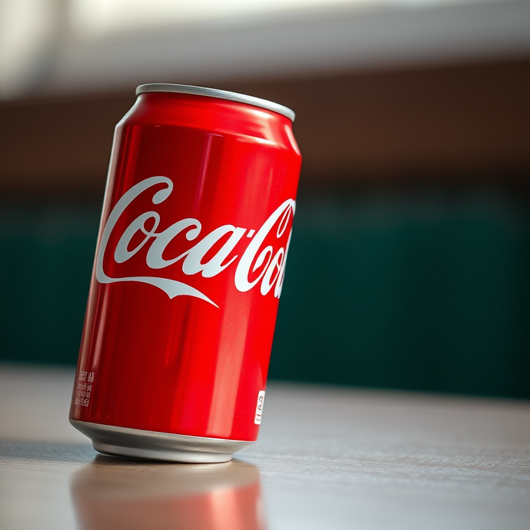 Close-up of a Coca-Cola can positioned at a slight angle, captured with a 50mm lens, f/2.8 aperture, ISO 100, 1/125 sec shutter speed, soft natural lighting, and a shallow depth of field to enhance detail and focus on the can.