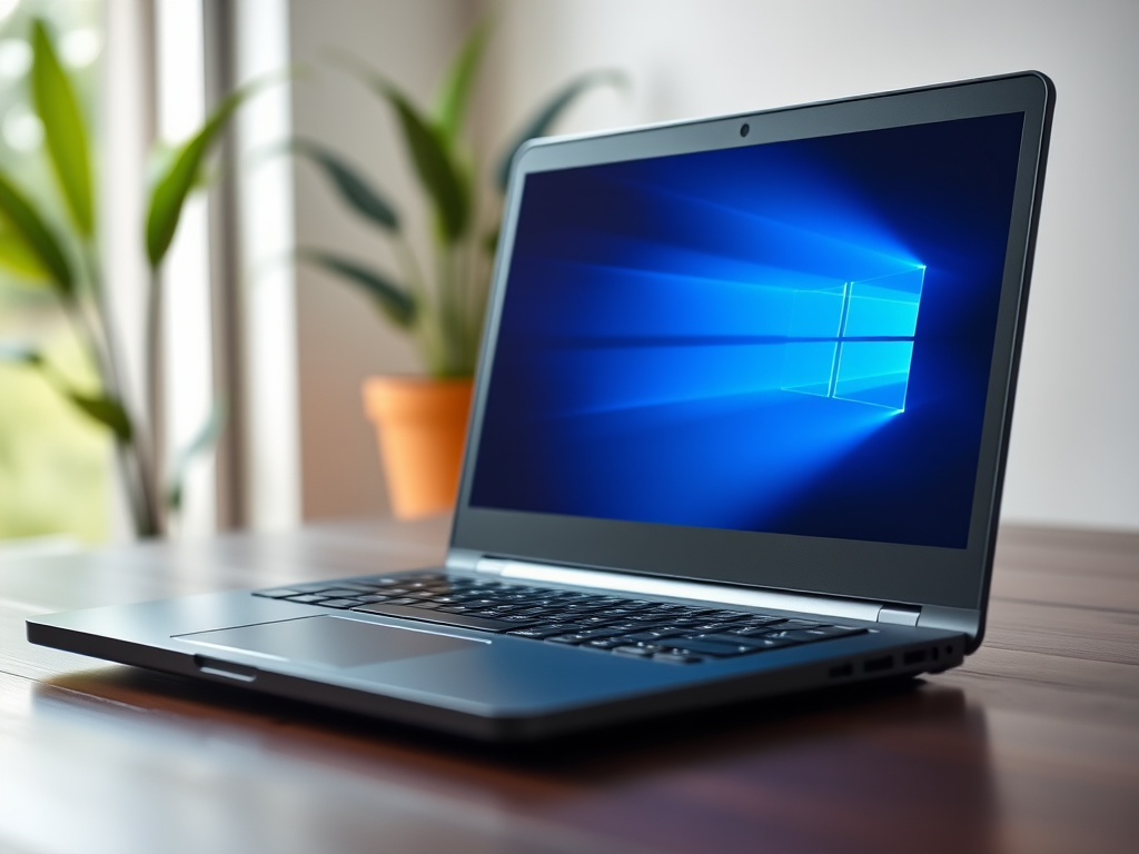 regenerate a high-resolution image of a modern black laptop with a sleek design and a vibrant blue screen, using a shallow depth of field, 50mm lens, aperture f/2.8, ISO 100, with natural lighting from the left, captured at eye level to emphasize the laptop's features