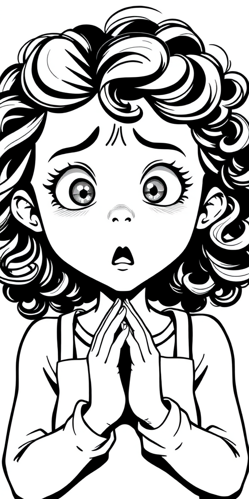The image is a black and white illustration of a young girl with curly hair. She has a surprised expression on her face with her mouth open and her hands clasped together in front of her chest. Her eyes are wide and her eyebrows are furrowed. Her hair is styled in loose curls that are cascading down her back. The overall mood of the image is one of shock or surprise.