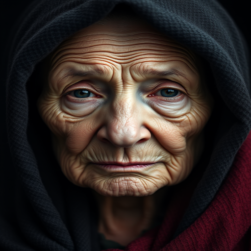 Create an ultra-realistic portrait of an elderly woman with deep wrinkles and a somber expression, wearing a dark, textured hood, captured with a Canon EOS R5, 85mm lens, aperture f/1.4, ISO 100, in soft diffused lighting to enhance details and textures on a black background.