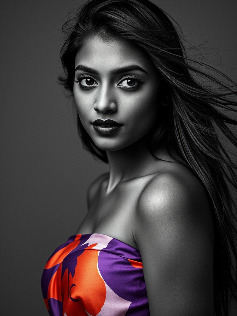 Photographic image of a beautiful young Sri Lankan woman, black eyes, lips with black lipstick, long hair fluttering in the wind and wearing a silk strapless dress with a soft purple and orange print. monochrome image with only color highlights in the iris of the eyes, lipstick and dress. Gray background.