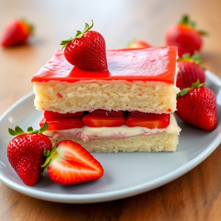 Delicious strawberry dessert layered with sponge cake and creamy filling served on a light blue plate with fresh strawberries on a wooden table.