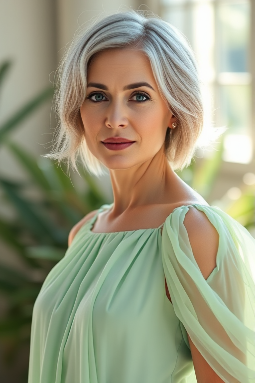 Generate a high-resolution image of a woman with short, silvery hair in a flowing light green dress, captured in soft natural light with a shallow depth of field, using a full-frame DSLR camera at f/1.8, ISO 100, with a 50mm lens, positioned at eye level.