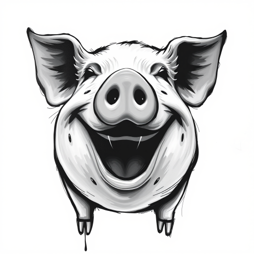 Abstract black and white acrylic portrait of an over exaggerated laughing (pig). Minimalism style. White background.