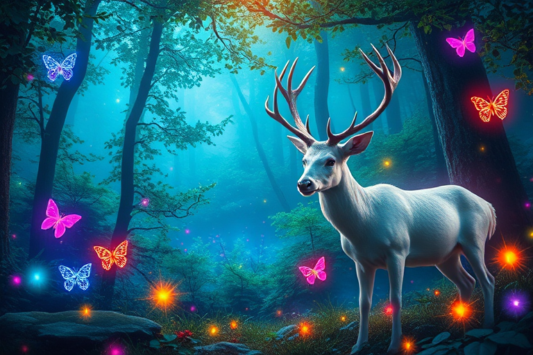 a magical forest scene with vibrant colors, glowing butterflies, and a mystical white deer with antlers, surrounded by lush greenery and sparkling lights