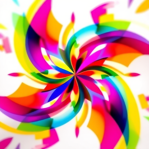Create an abstract design with vibrant colors and dynamic shapes, shot in high-resolution with a DSLR camera, using a 50mm lens, aperture set to f/1.8 for a shallow depth of field, ISO 200, and a close-up view to enhance detail.