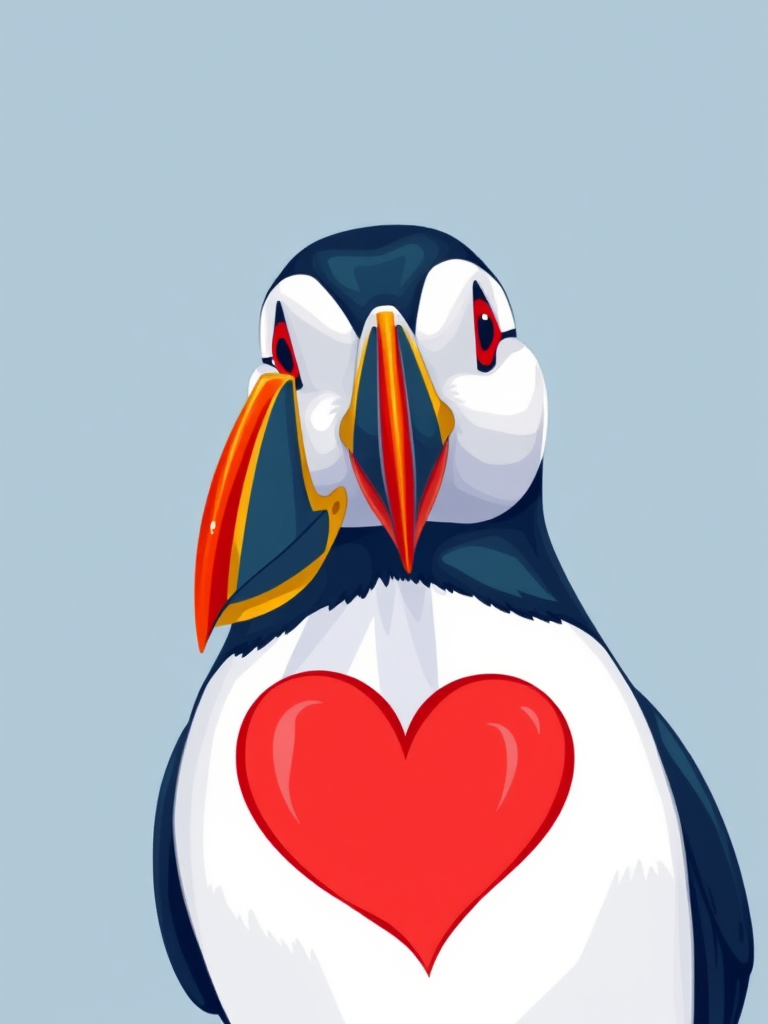 Create a colorful illustration of a puffin with a heart symbol, using a digital drawing style, captured with a 50mm lens, f/1.8 aperture, 1/250 sec shutter speed, and bright lighting for enhanced vibrancy.