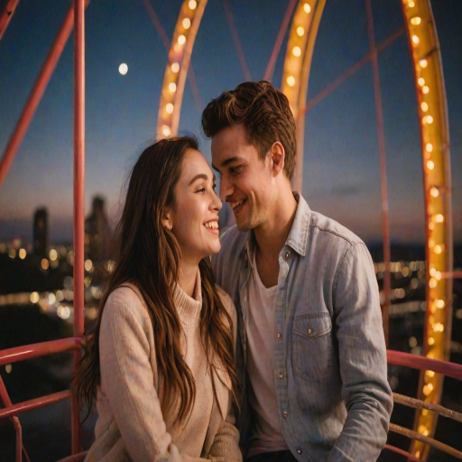 Warm, intimate photo of a young couple sharing a quiet moment on a ferris wheel at dusk, soft glow from the city lights below reflecting off their faces, distant music and laughter filling the air, a sense of romance and adventure captured.