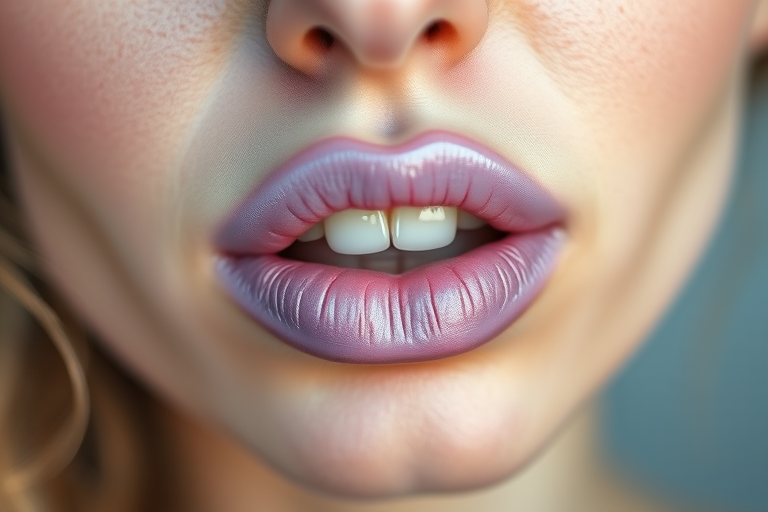 Pastel lavender woman lips with frosted finish, adding a whimsical and ethereal touch to the overall look