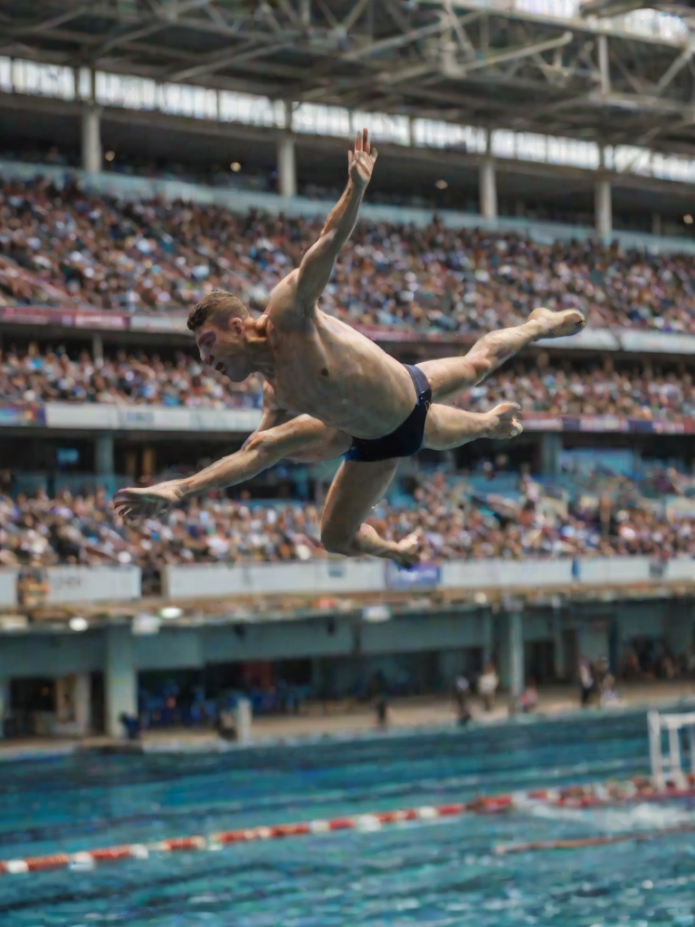 Blurry action shot of a diver leaping off a high platform, the water below rippling, distant spectators watching from the stands, and the intense focus on the grace and speed of the motion.
