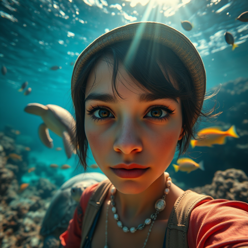 Realistic selfie image of a Guarani, wearing a vintage outfit, detailed dreamy eyes, droopy hooded eyes, staring at the camera, taken underwater at coral reef with a sunbeam filtering through the water, vibrant, summer vacation, natural lighting, turtle and school of tropical fish with vibrant colors, rendered in the style of CryEngine, Pegi Nicol MacLeod, with realistic genre scenes, hauntingly beautiful narratives, ultra-realism, and Thomas Saliot's close-up technique, 8K resolution, crystal clear and sparkling water.