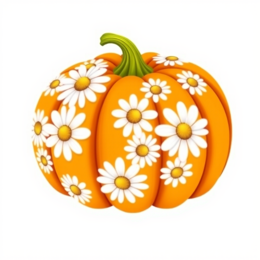 a whimsical orange pumpkin with white daises pattern covering the pumpkin. Solid white background sublimation vector 3000dpi 32k