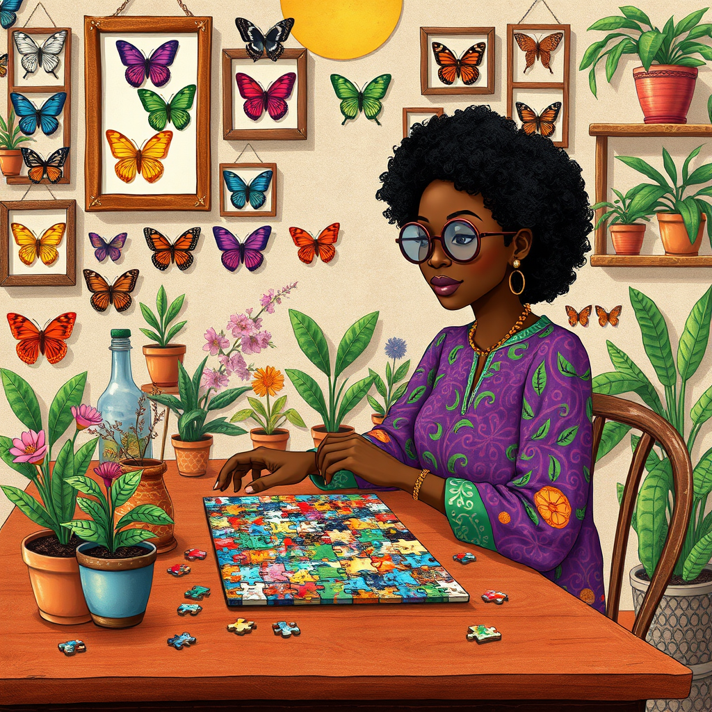 A vibrant and whimsical illustration of an african american woman sitting at a table working on a colorful jigsaw puzzle. she is wearing round glasses, and patterned clothing in shades of purple and green.  The background features an eclectic collection of framed butterflies, potted plants, and other natural elements, creating a warm and inviting atmosphere. The style is playful and modern, with rich textures, intricate details, and a lively color palette.