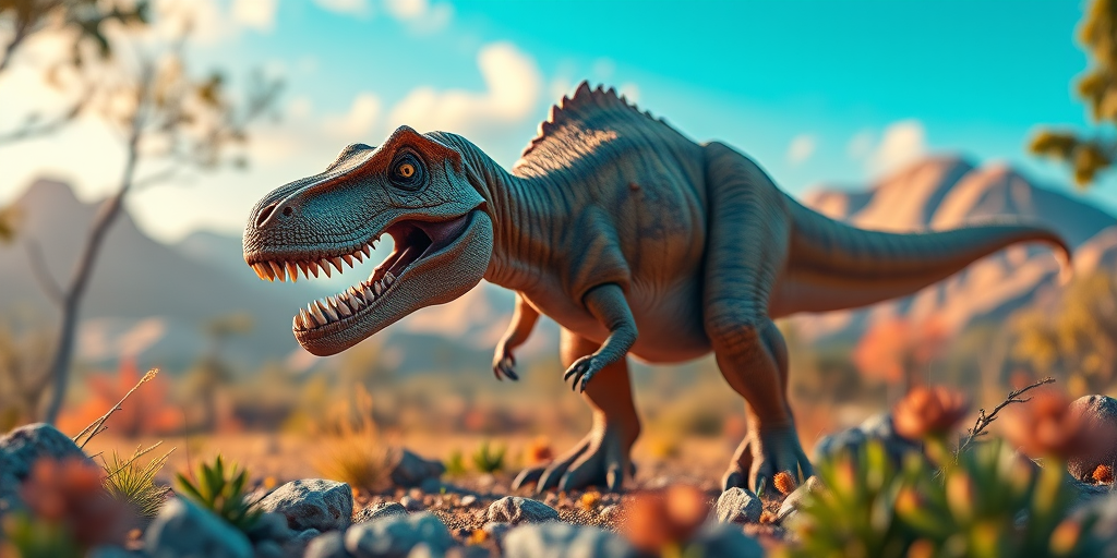 Create a highly detailed 3D rendering of a T-Rex dinosaur in a vibrant prehistoric landscape, using a DSLR camera with a 50mm lens, aperture set to f/1.8, ISO 100, and a shallow depth of field to enhance focus on the dinosaur while softly blurring the background.