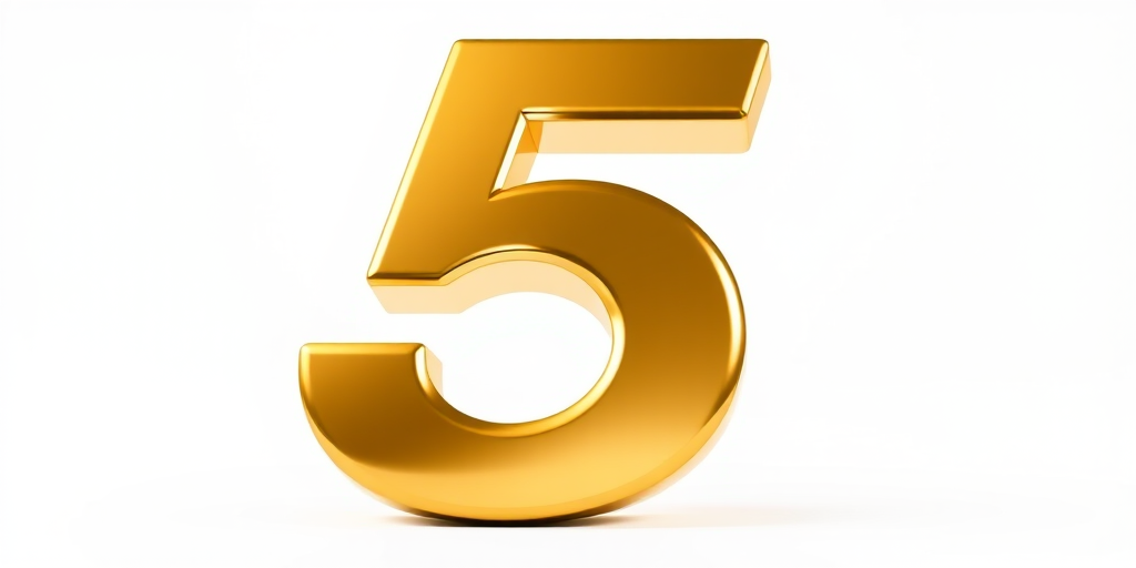 Create a high-resolution image of a large, glossy gold number 5 with reflections and highlights on a white background, shot with a DSLR camera at f/2.8, 50mm lens, in a well-lit studio setting.