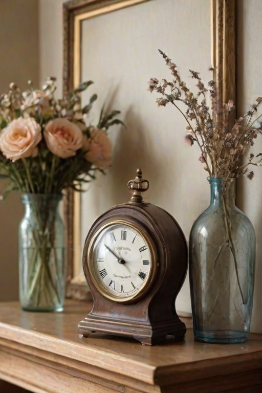 Close-up of a vintage clock on a mantlepiece, soft natural light casting delicate shadows on the face, with an old photograph frame and a vase of dried flowers softly blurred in the background.