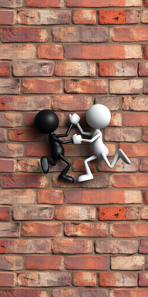 Create an image of two 3D stick figures interacting playfully on a brick wall, using a DSLR camera with a 50mm lens at f/2.8, ISO 100, 1/200s, top-down view, high-quality rendering with realistic textures and lighting.