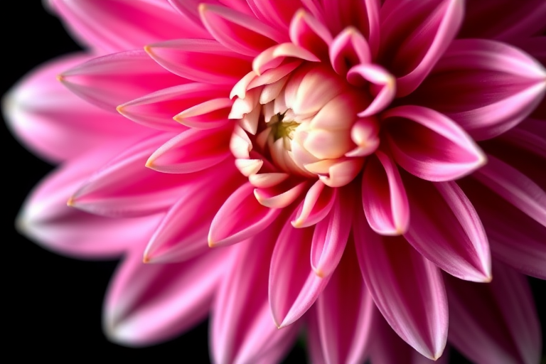 Close-up of a pink and white dahlia flower on a black background, shallow depth of field, ISO 100, f/2.8, 50mm lens, natural lighting, macro photography.