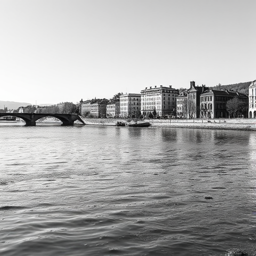 generate a black and white landscape photograph of a river with buildings in the background, taken with a Canon EOS 5D Mark IV at f/11, ISO 100, shutter speed 1/200s, using a wide-angle lens, capturing a clear view from a low angle near the water's edge to enhance depth and contrast