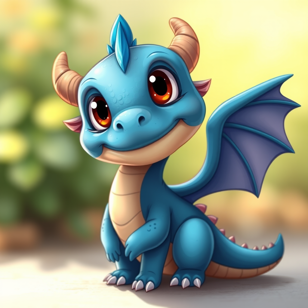 Create a detailed illustration of a cute blue dragon character with large expressive eyes and a friendly smile, positioned slightly to the side, showcasing its wings and friendly posture, shot with a Canon EOS R5, 50mm lens, f/2.8 aperture, ISO 100, using a soft natural lighting setup to enhance the colors and details.