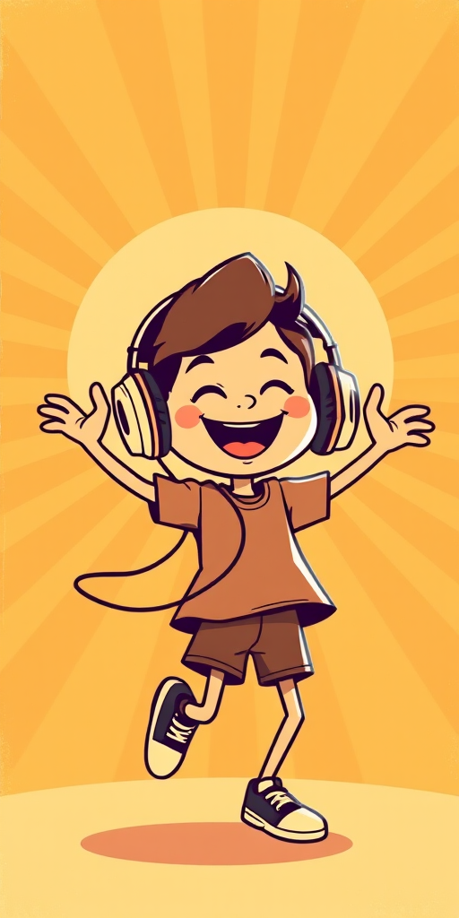 Create a vintage-style illustration of a joyful cartoon character with headphones, dancing energetically, placed against a sunburst background in warm tones, using a DSLR camera with a focal length of 35mm, aperture set to f/8, ISO 100, and soft natural lighting.