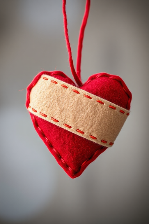 Capture a close-up of a red felt heart with a stitched bandage, using a shallow depth of field, aperture f/2.8, ISO 100, focal length 50mm, natural lighting, and a DSLR camera.