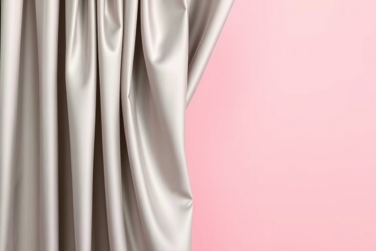Create a photorealistic image of a sleek, silver satin curtain draped elegantly with soft folds, set against a pastel pink and olive green background, shot with a DSLR camera at f/2.8 aperture, 50mm lens, 1/125 sec shutter speed, and natural light for enhanced clarity and texture.