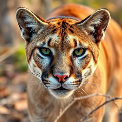 create a detailed and realistic image of a puma in a natural environment, shot with a DSLR camera at f/4.0 aperture, 1/250 sec shutter speed, ISO 200, 50mm lens, in a close-up view, capturing the texture of its fur and the intensity of its gaze, emphasizing vibrant colors and natural lighting