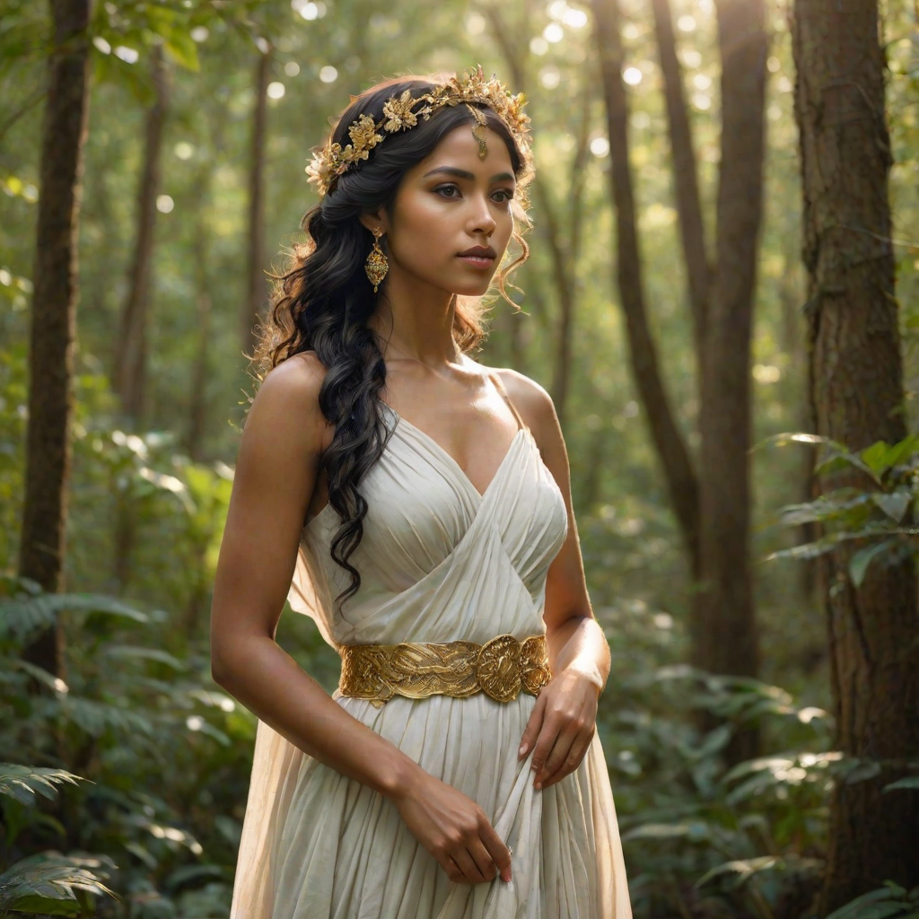 Create a portrait of a goddess-like Indo-Caribbean girl figure in a tranquil, forested environment. She has an elegant appearance with long, wavy hair styled in an updo and adorned with a delicate, floral headband. She wears a flowing, ancient Greek-inspired gown in a soft, pale color, featuring a one-shoulder design and draped fabric that accentuates her graceful form. The outfit includes a decorative belt with ornate gold detailing, and she holds a bow in her hand, with a quiver of arrows slung over her shoulder. The background depicts lush greenery, with sunlight filtering through the trees, casting a gentle, ethereal light on the scene. Her expression is calm and contemplative, embodying a sense of wisdom and serenity.