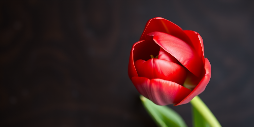 Capture a close-up of a single red tulip on a dark wooden background, using a 50mm lens, aperture f/1.8 for a shallow depth of field, ISO 200, and soft diffused lighting to enhance the flower's details and colors.