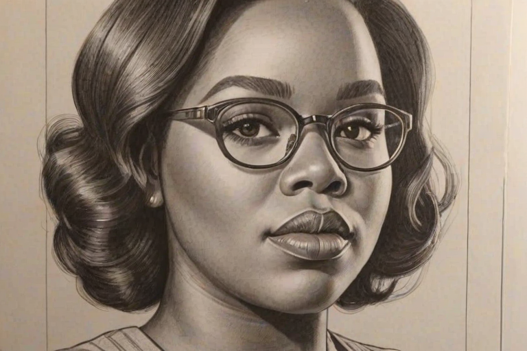 Gorgeous Amber Riley, pencil sketch, portrait of Enticing woman 1927s in glasses, hair style beatnik, outline, clear lines, fine lines, 8k