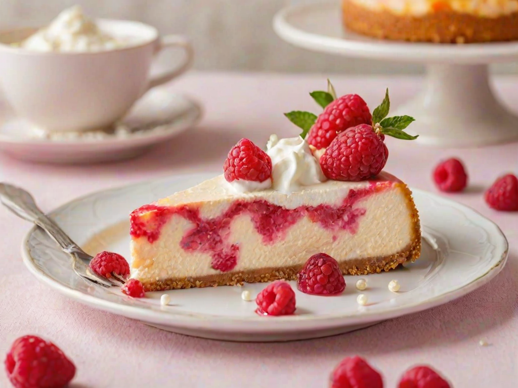 Create an image of a slice of peach raspberry cheesecake on a white plate. The cheesecake should have a creamy texture with swirls of raspberry and slices of fresh peach on top. Garnish with whipped cream and small decorative pearls, accompanied by fresh raspberries scattered around the plate. The background should be softly blurred to emphasize the dessert.