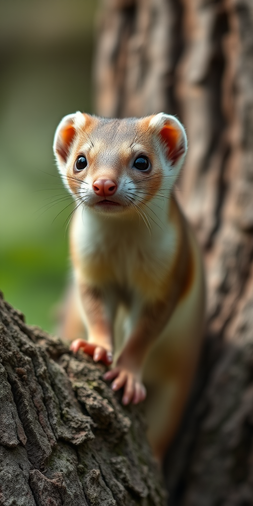 Capture a sharp close-up of a weasel on a tree trunk, using a Canon EOS R5 camera with a 100mm macro lens, aperture set to f/2.8, ISO 200, shutter speed 1/500 sec, in natural light, focus on the animal with a blurred background for depth.