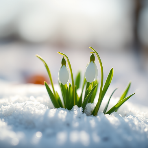 Close-up of snowdrop flowers emerging from snow with soft focus background, f/2.8 aperture, ISO 100, 50mm lens, natural lighting, shallow depth of field, DSLR camera.