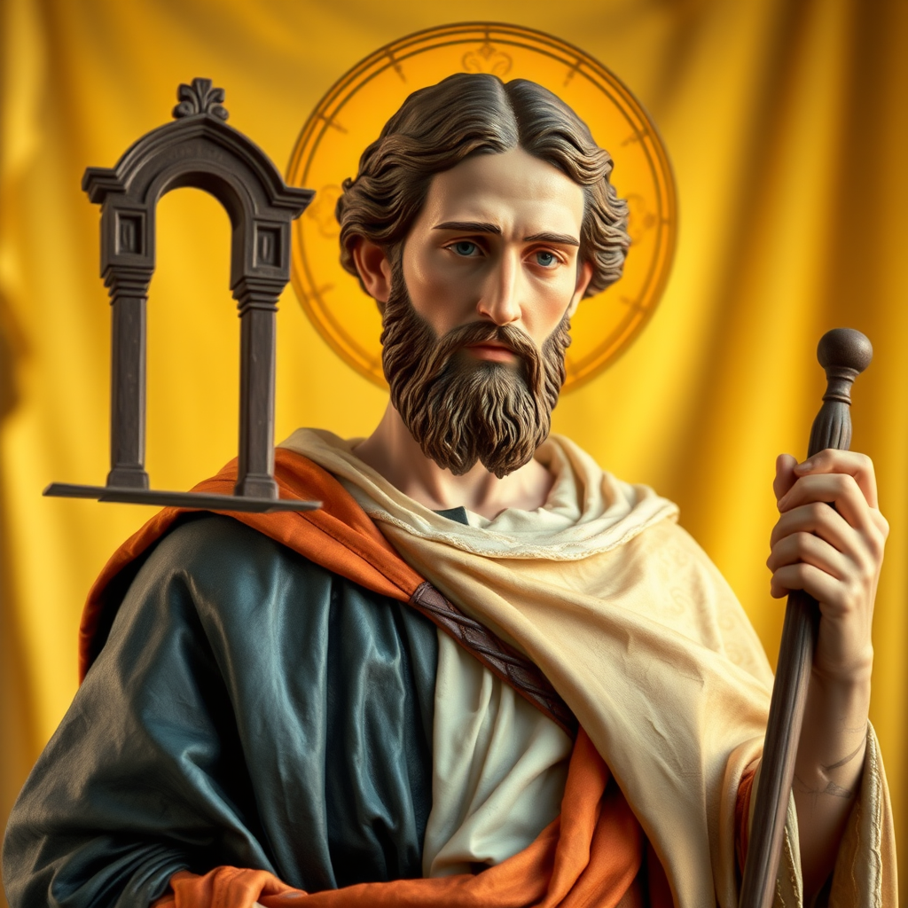 Regenerate an image of a biblical figure resembling a saint, showcasing detailed clothing with intricate folds, a serene expression, holding an architectural structure, with a soft golden background; use a DSLR camera, aperture f/2.8, ISO 100, 50mm lens, center composition, natural lighting, and high-resolution output to enhance the image quality.