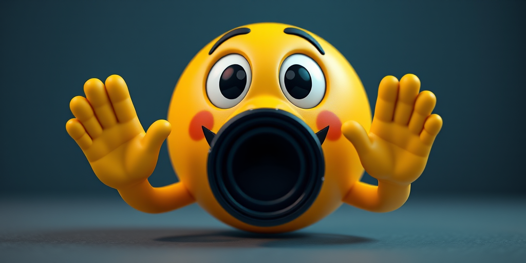 Create a 3D rendering of a cartoonish yellow emoji with wide eyes and raised hands in a shushing gesture, use a DSLR camera with an aperture of f/2.8, ISO 100, focal length of 50mm, and soft lighting to enhance image quality, with a slight bokeh effect in the background.