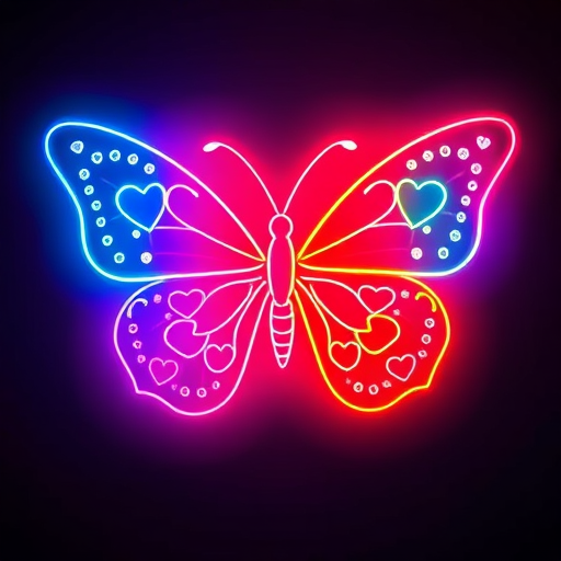 Create a vibrant, neon outline of a butterfly with intricate dots and heart shapes, using a Canon EOS 5D Mark IV, aperture f/4, ISO 100, 50mm lens, shot from an overhead view with a soft focus background.