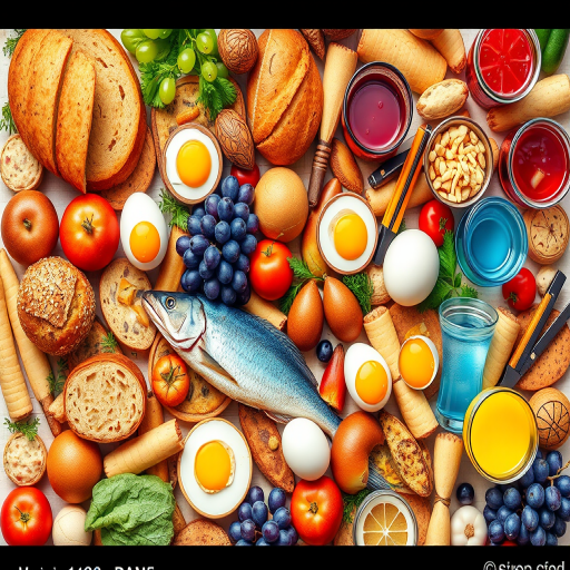 Create a highly detailed illustration of a food-themed collage featuring various food items like breads, eggs, fish, grapes, and drinks in vibrant colors, using a high-resolution DSLR camera with a 50mm lens, f/2.8 aperture, 1/125 shutter speed, and a shallow depth of field, top-down view, natural light for enhanced clarity and vividness.
