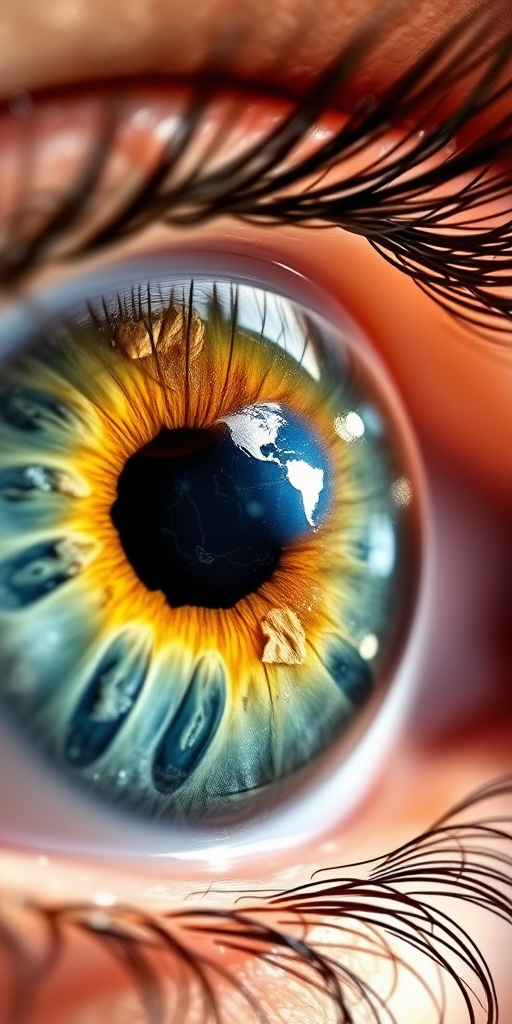 A close-up view of a human eye with the Earth reflected in the iris, showcasing vibrant colors, focus on the continents and oceans, using a DSLR camera at f/2.8 aperture, ISO 100, 50mm lens, and natural lighting for enhanced detail and clarity.