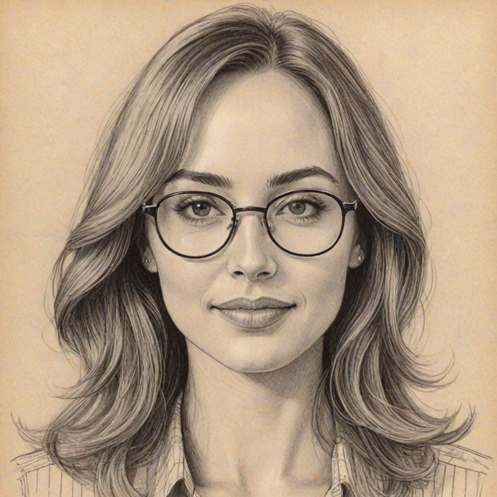 Enticing Courtney Ford, pencil sketch, portrait of Beauteous woman 1970s in glasses, hair style beatnik, outline, clear lines, fine lines, 8k
