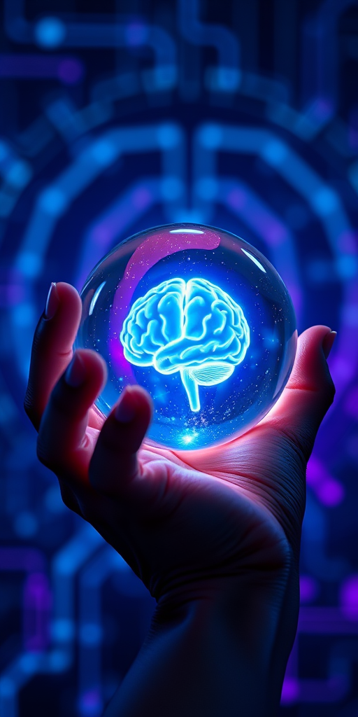 A hand holding a glowing crystal sphere with a brain illustration inside, surrounded by a technological background with blue and purple hues, captured with a Canon EOS R5, 50mm lens, f/1.8 aperture, ISO 100, in a macro style for enhanced detail and clarity.